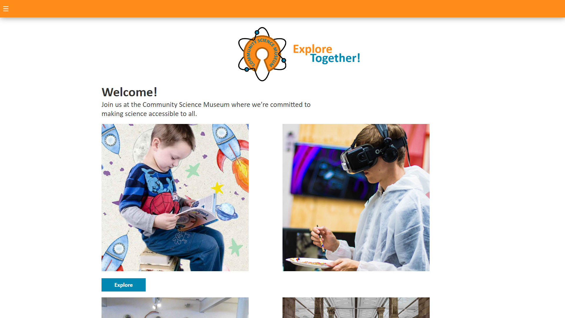 Screenshot of the Community Science Museum homepage
